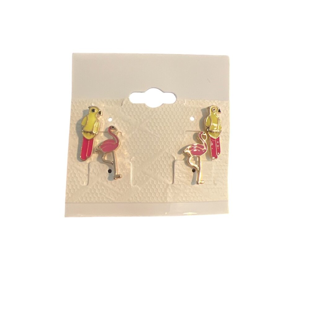 2 Pair Bird Stud Earrings Flamingo Parrot Gold Tone Enamel Pink Yellow .75" NEW
